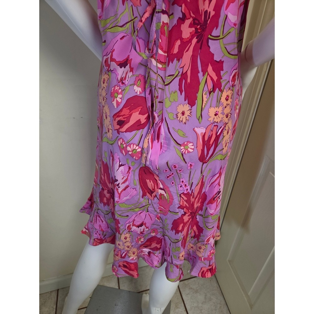 Betsey Johnson Vintage Y2K Pink Floral Silk Slip Dress Ruffle Hem Petite L - Picture 9 of 14